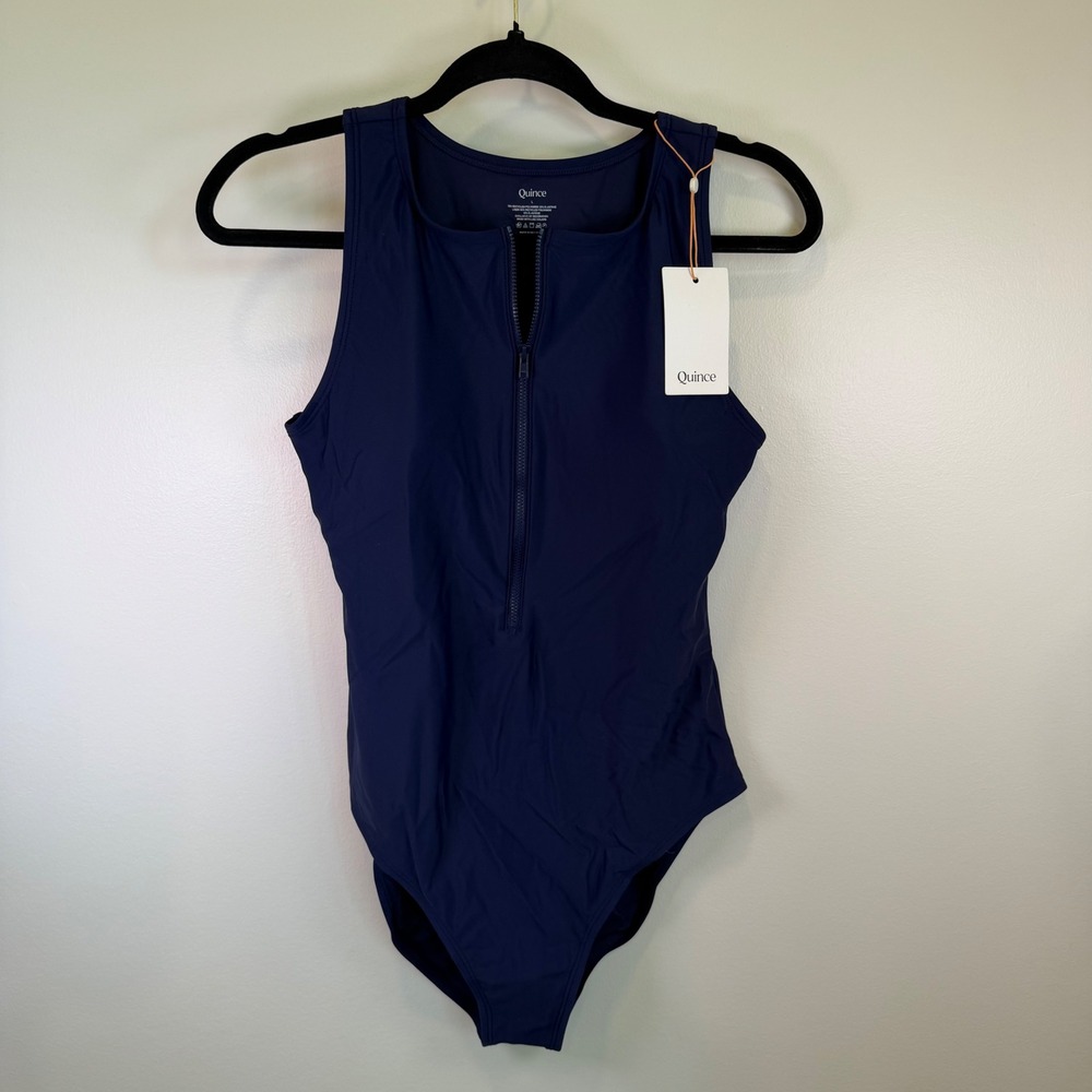 Quince Navy Blue Front Zip One Piece Swimsuit Italian Size L NWT Bathing Suit
